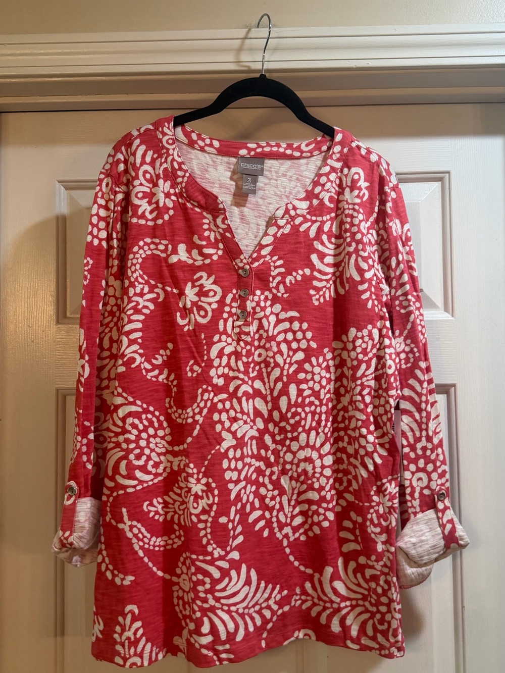 Chicos Size3/xl Coral Floral Print 3/4 Sleeve #nwt